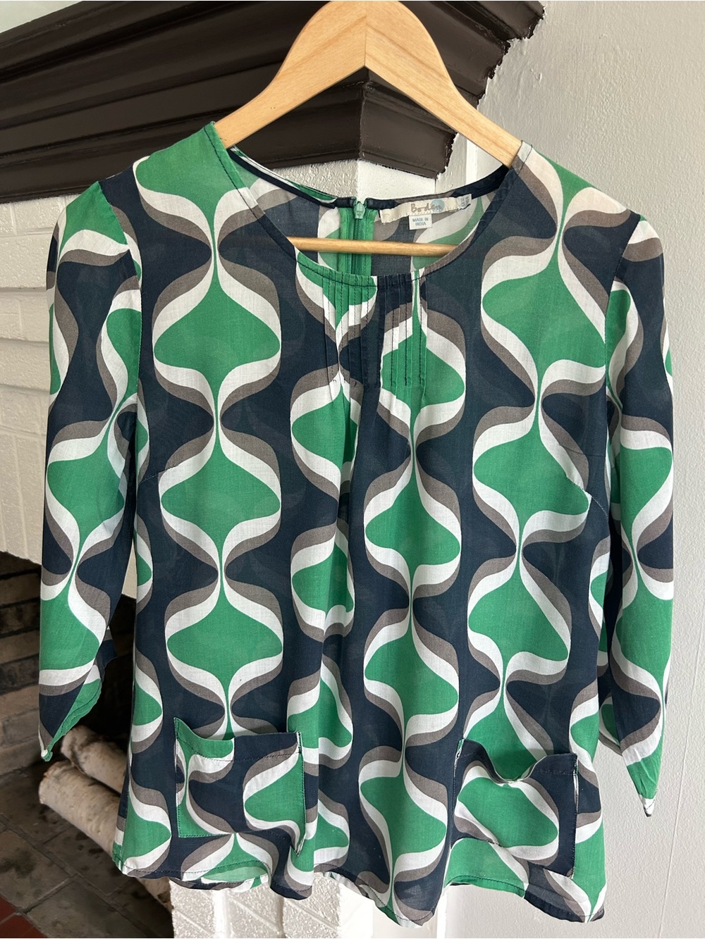 Boden Green and Navy Retro Geometric Blouse